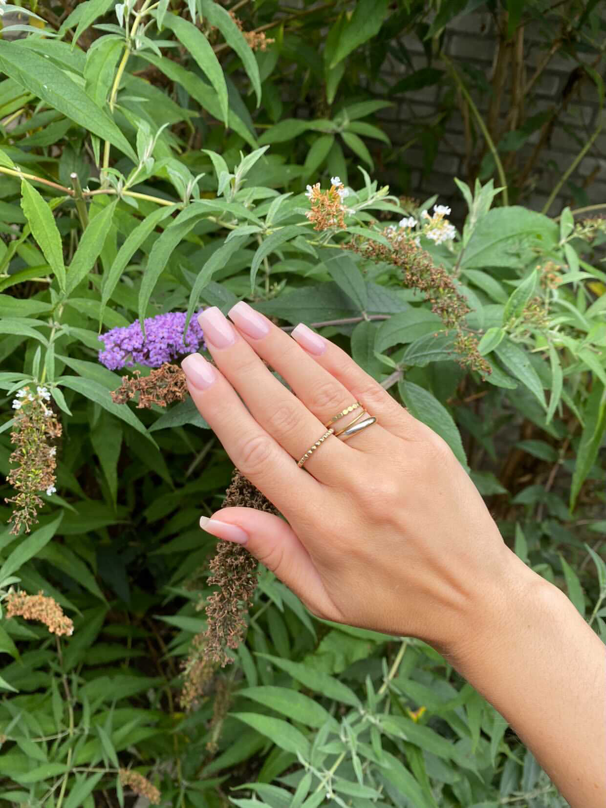 Glanzende nude nagels en een ring, hand tussen de groene struiken